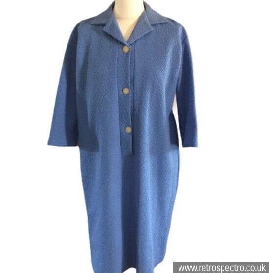 Vintage 60's Crimpelene dress blue ¾ sleeves textured fabric size 18/20